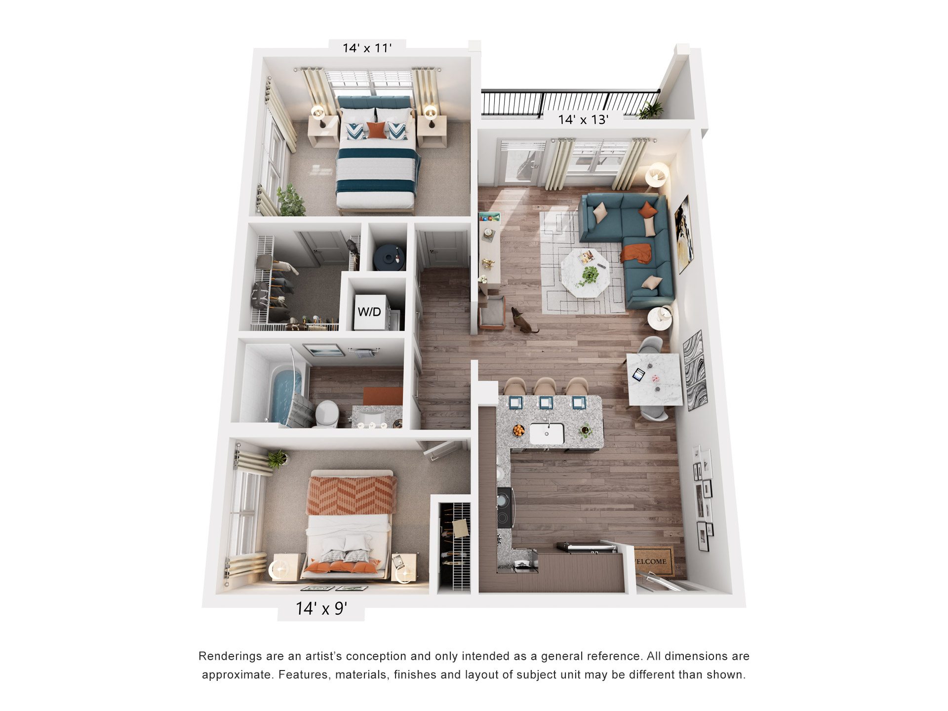 2 Bed 1 Bath Floor Plan | 902 Sq. Ft.
