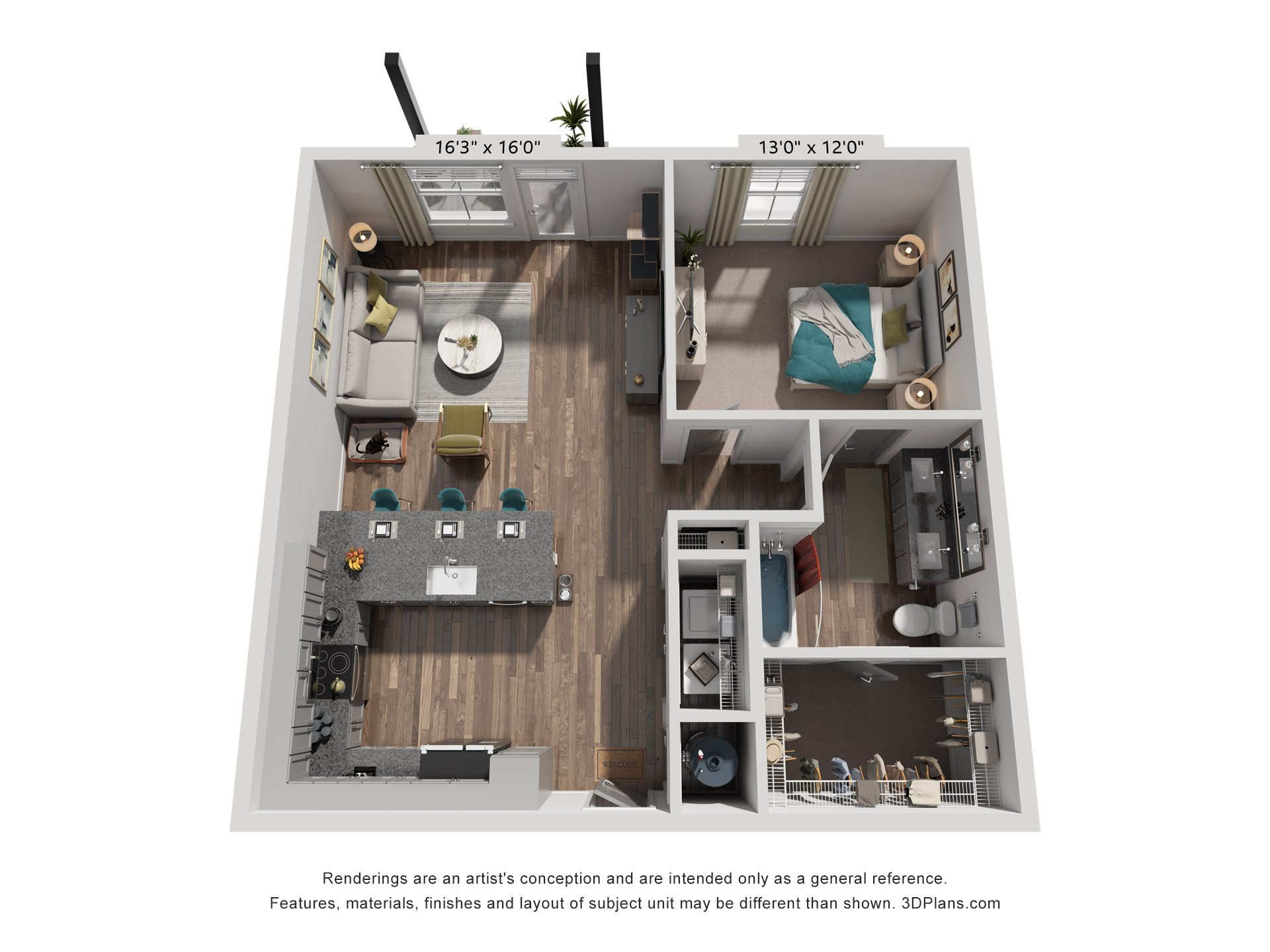 1 Bed 1 Bath Floor Plan | 870 Sq. Ft. at Livingston Flats Apartments, Virginia, 23832