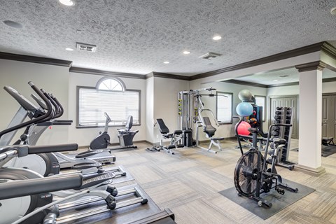 A well-equipped gym with treadmills, exercise bikes, and weights.