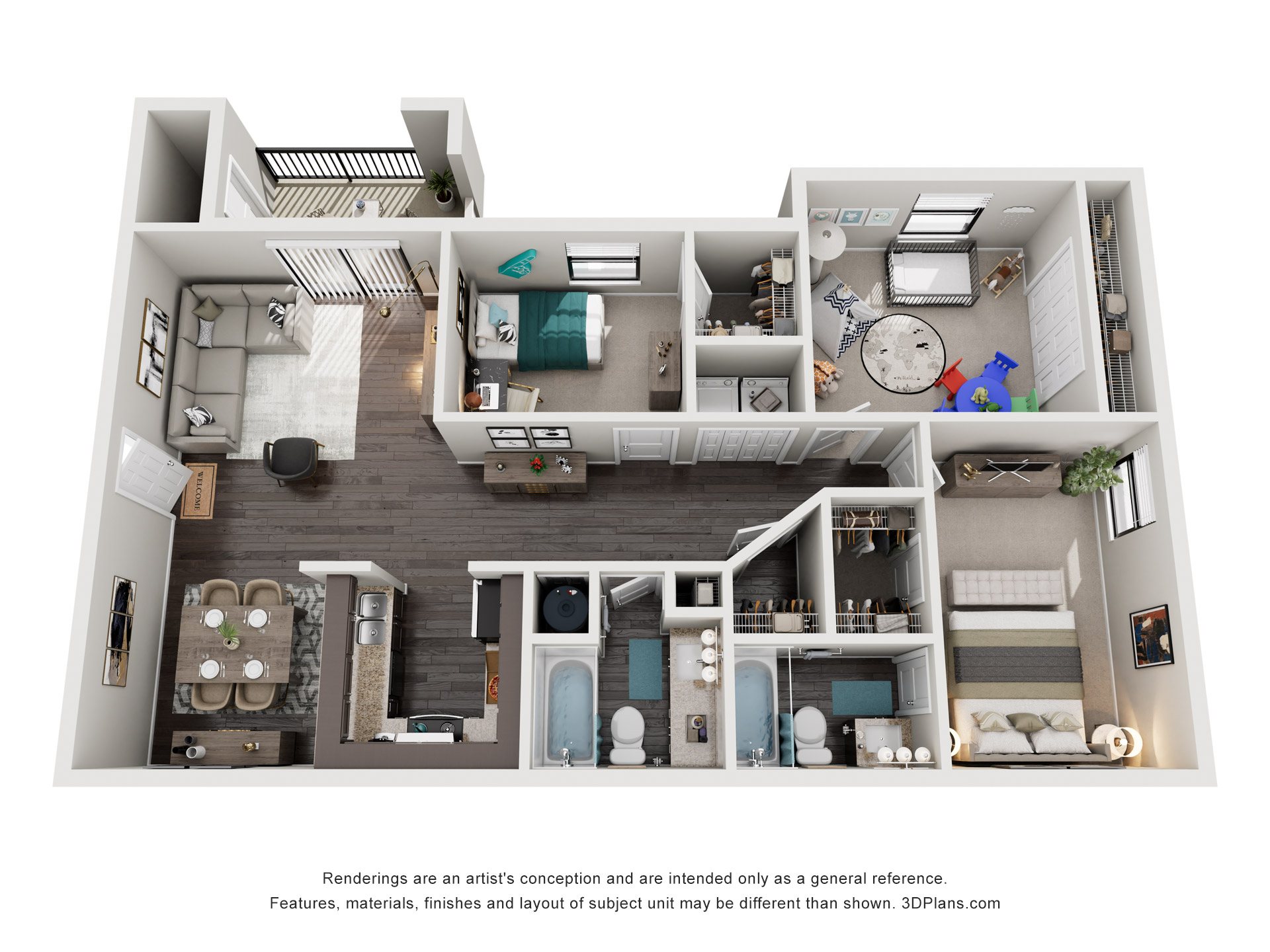 3 Bed 2 Bath Floor Plan | 1,338 Sq. Ft. at High Ridge Apartments, Athens, GA 