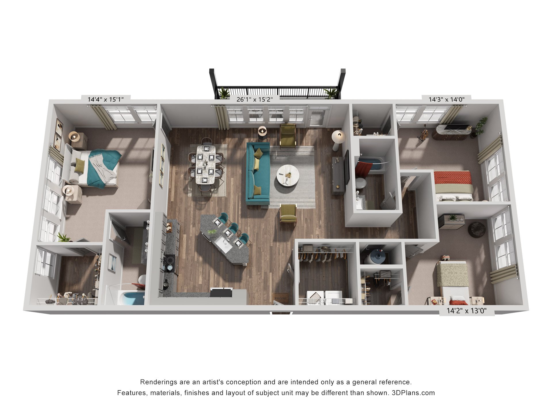 3 Bed 2 Bath Floor Plan | 1,827 Sq. Ft. at Livingston Flats Apartments, Chesterfield, VA, 23832