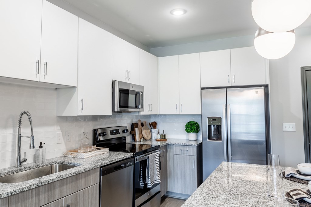 a modern kitchen with granite counter tops and stainless steel appliances at The Louis Apartment Flats, Kentucky, 40241