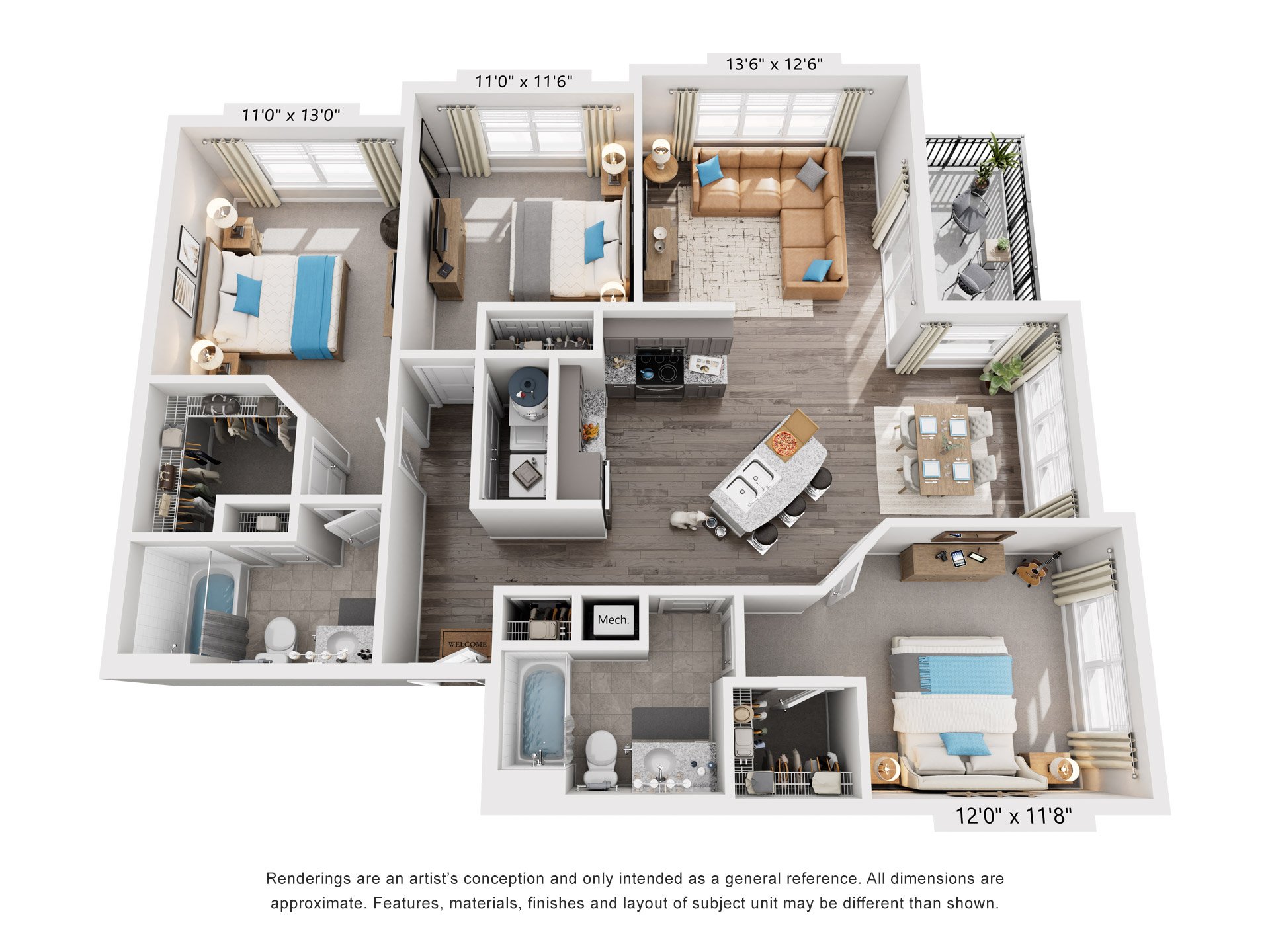 3 Bed 2 Bath Floor Plan | 1,286 Sq. Ft. at Streets of Greenbrier, Virginia, 23320