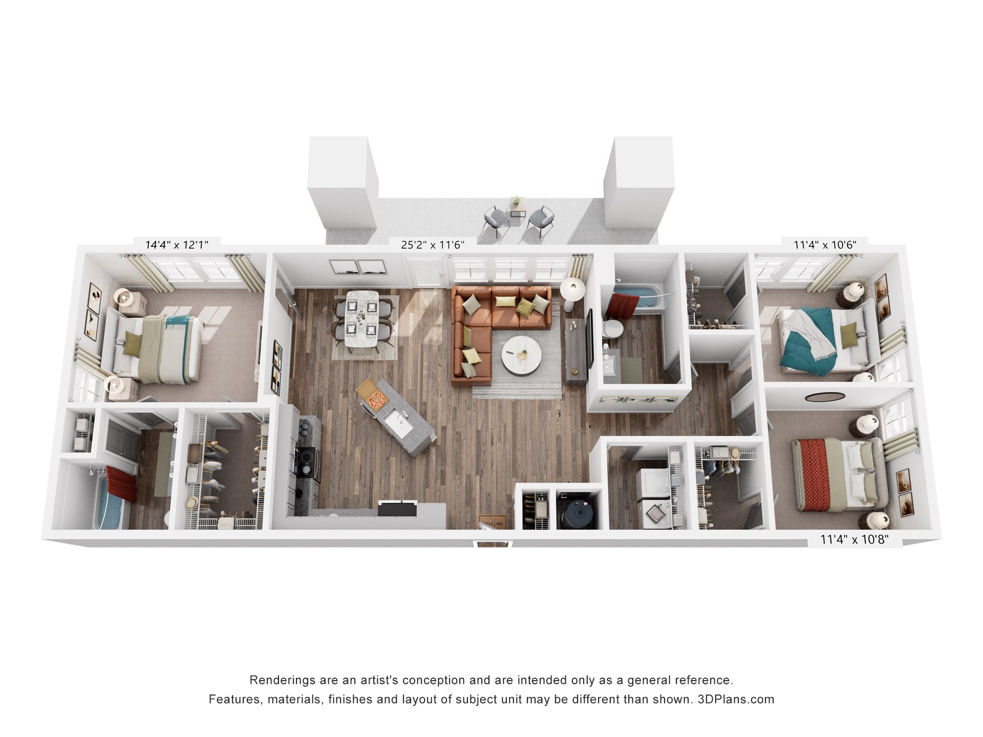 3 Bed 2 Bath Floor Plan | 1,386 Sq. Ft. at Livingston Flats Apartments, Chesterfield, Virginia, 23832