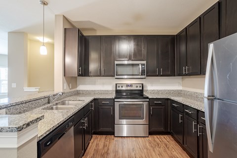 A kitchen with black cabinets and stainless steel appliances.