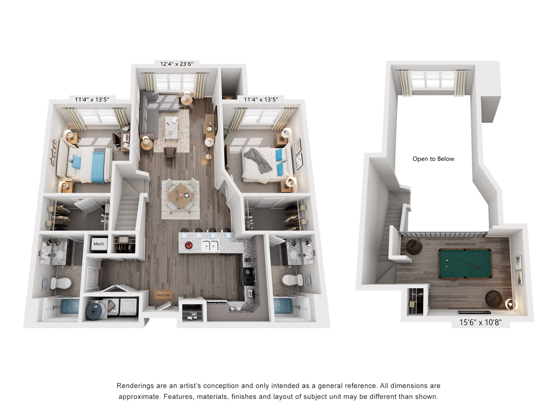 2 Bed 2 Bath Floor Plan | 1,232 Sq. Ft. at Streets of Greenbrier, Chesapeake, Virginia, 23320
