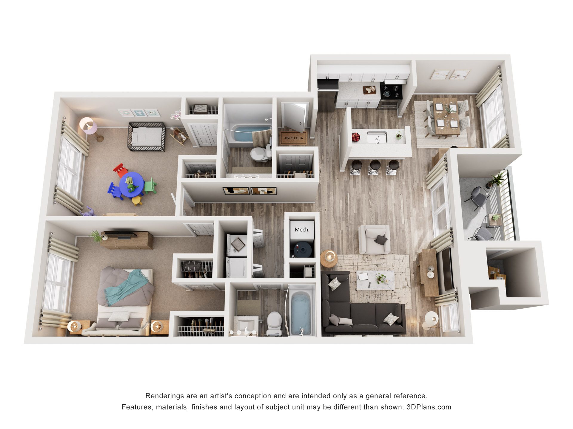 2 Bed 2 Bath Floor Plan | 1,000 Sq. Ft. at Hunters Chase Apartments, Midlothian, Virginia, 23112