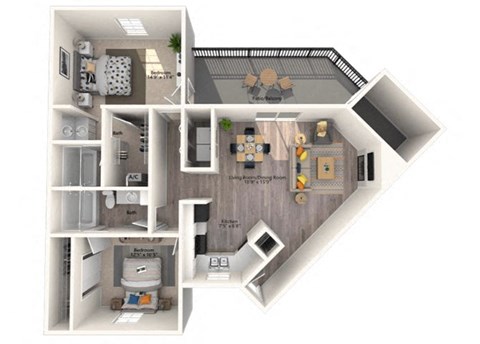 a floor plan of a two bedroom apartment with two bathrooms and a balcony at Bellemeade Farms Apartments, Leesburg, 20175