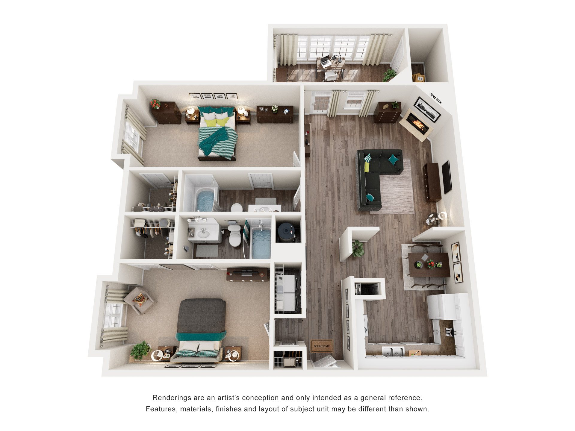 2 Bed 2 Bath Floor Plan | 1,091-1,213 Sq. Ft. at Abbington Place Apartments, Greensboro, NC 27407