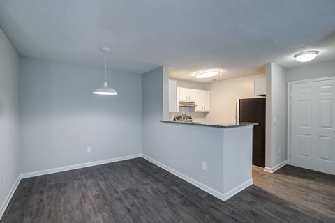 A room with a bar counter and a door.