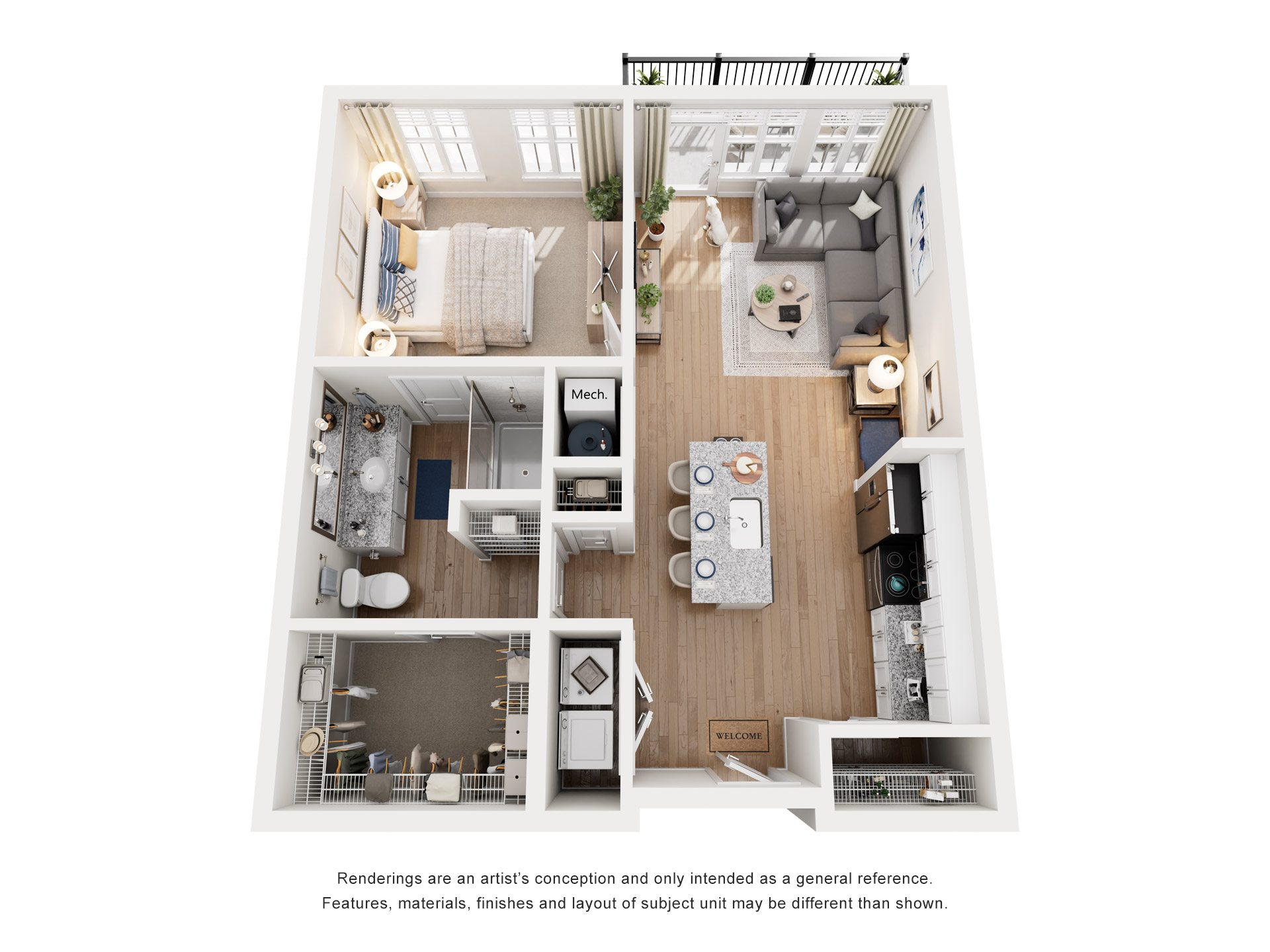 A floor plan of a small apartment with a kitchen, living room, and two bedrooms.