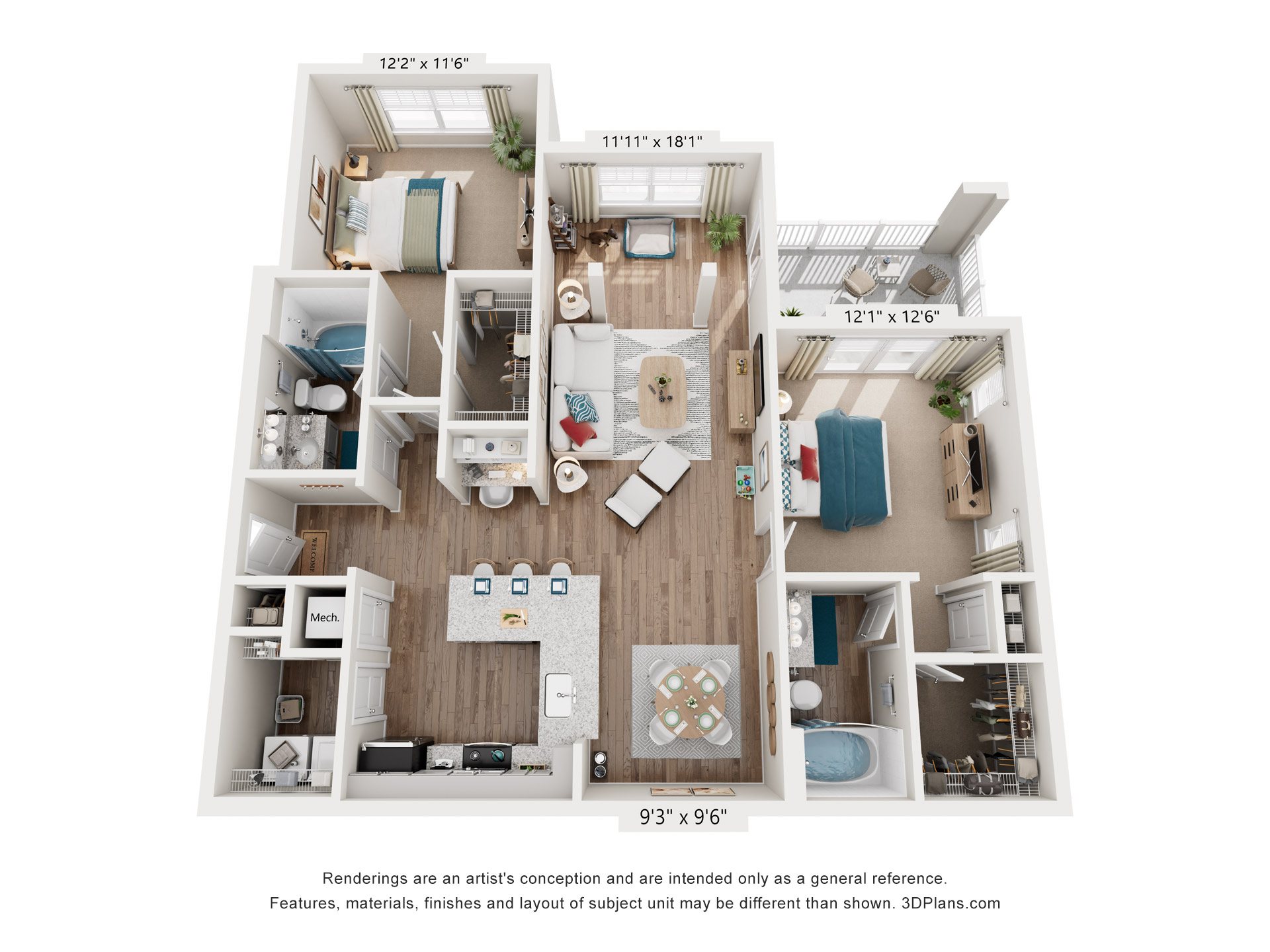 2 Bed 2 Bath Floor Plan | 1,345 Sq. Ft. at Lullwater at Big Ridge, Hixson, 37343