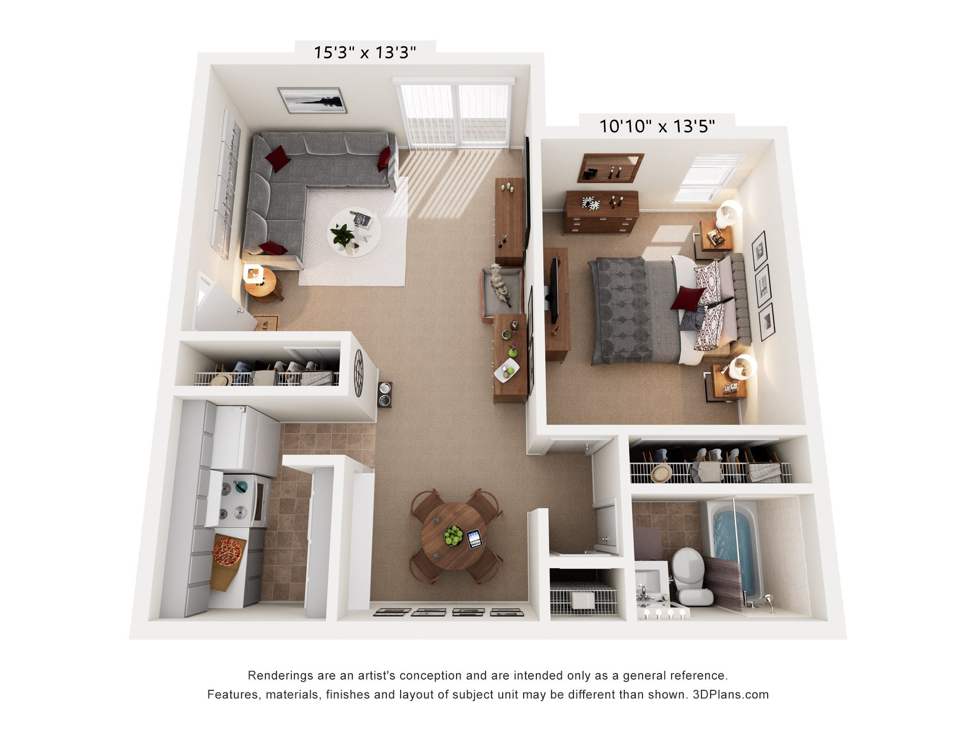A 3D floor plan of a small apartment with a kitchen, living room, and bedroom.