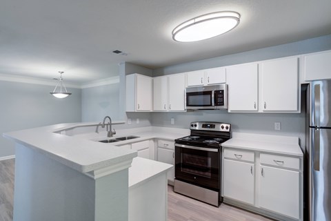 A modern kitchen with white cabinets and stainless steel appliances.