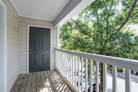 A black door is on the porch of a house.