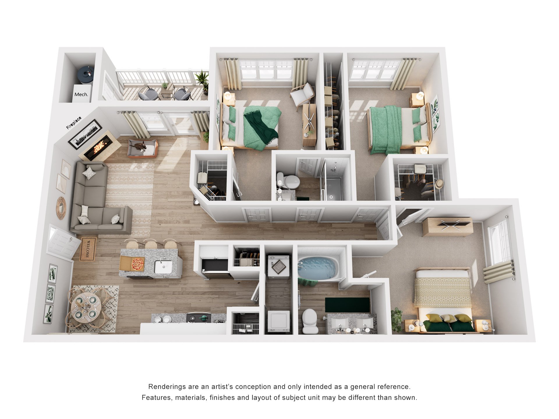 3 Bed 2 Bath Floor Plan | 1,273 Sq. Ft.  at SomerHill Farms Apartments, Gainesville, VA