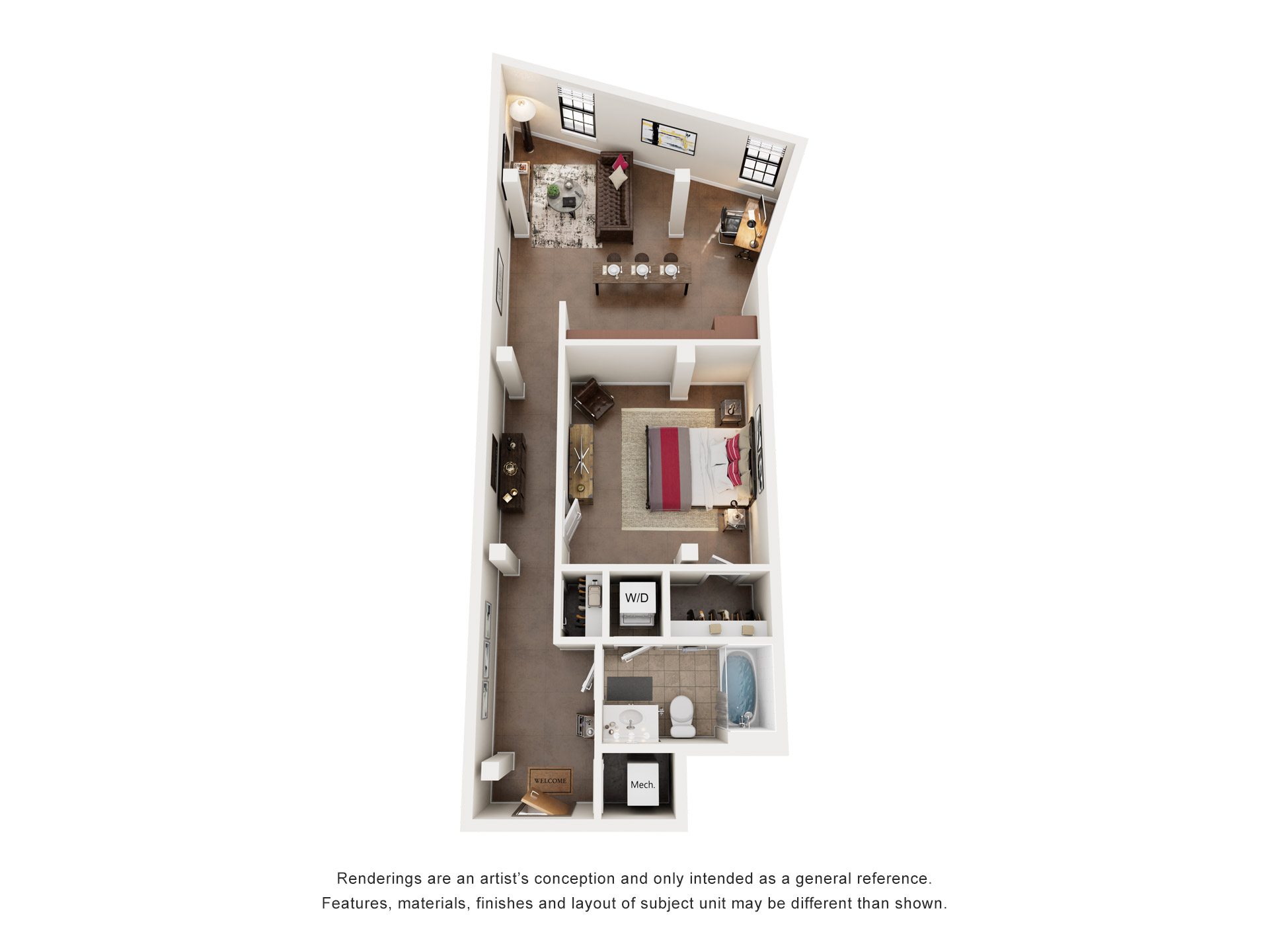 1 Bed 1 Bath Floor Plan | 737 Sq. Ft. at Mayton Transfer Lofts in Petersburg, VA