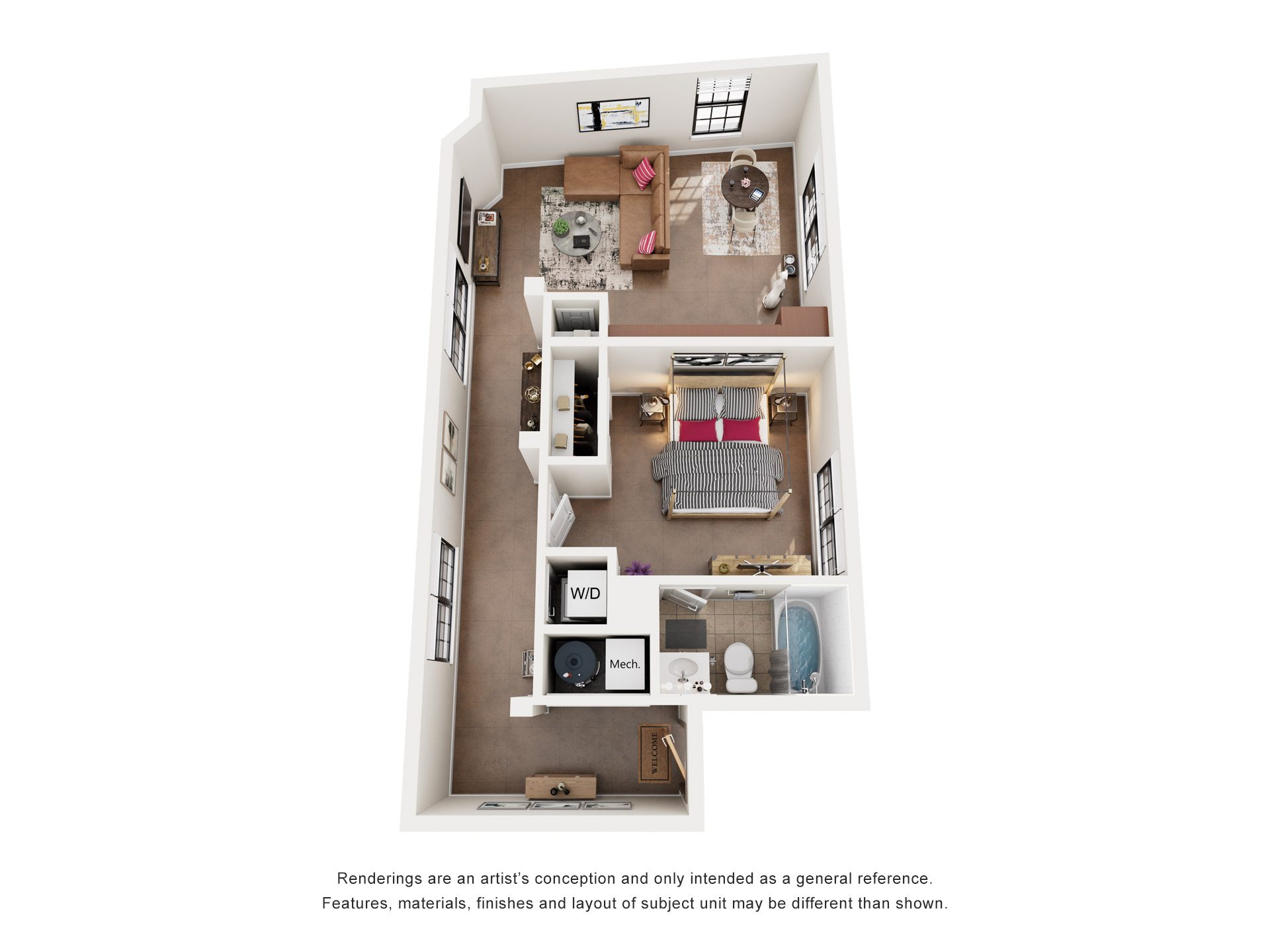 1 Bed 1 Bath Floor Plan | 693 Sq. Ft. at Mayton Transfer Lofts in Petersburg, VA 23803