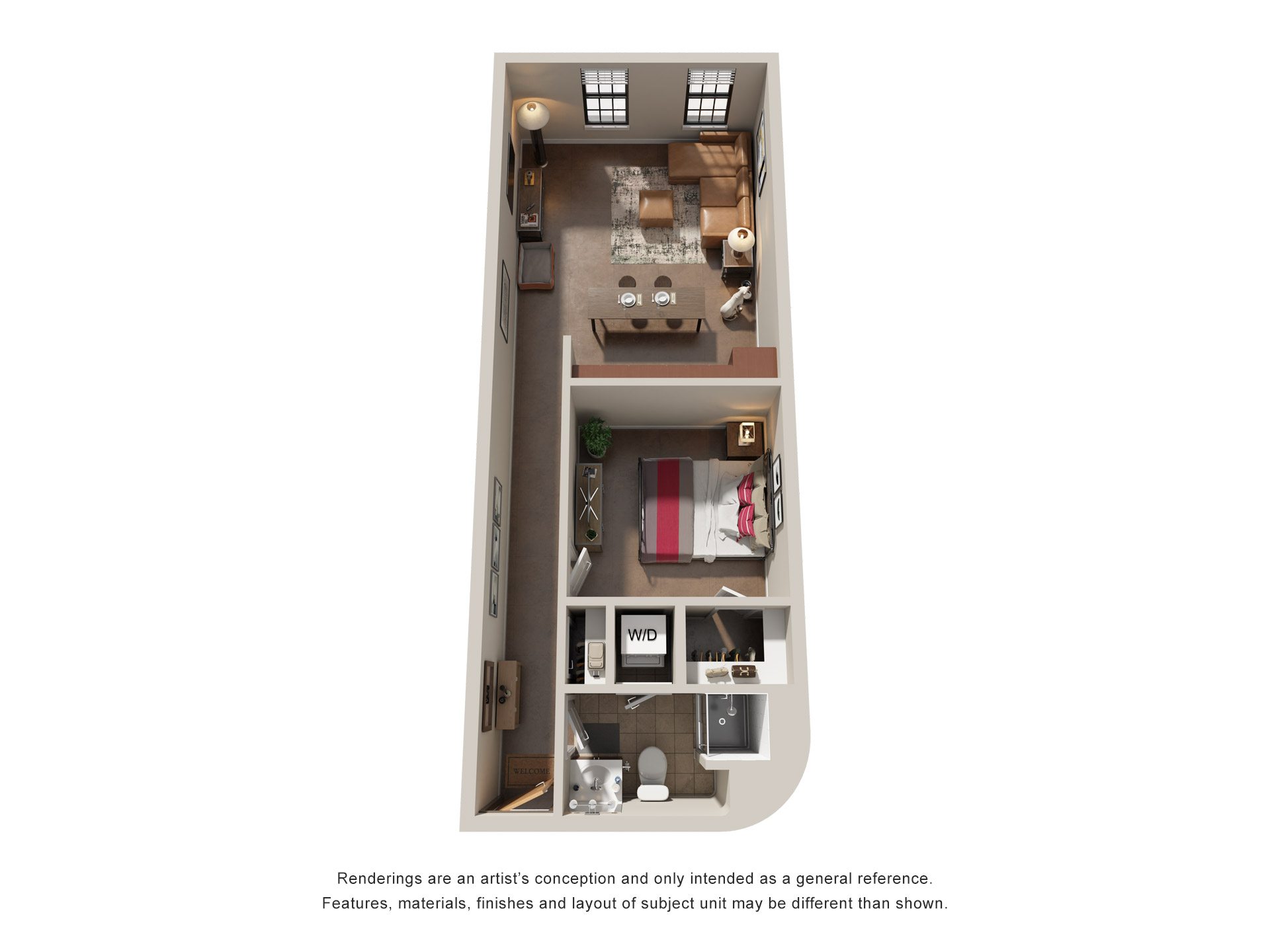 1 Bed 1 Bath Floor Plan | 658 Sq. Ft. at Mayton Transfer Lofts in VA 23803