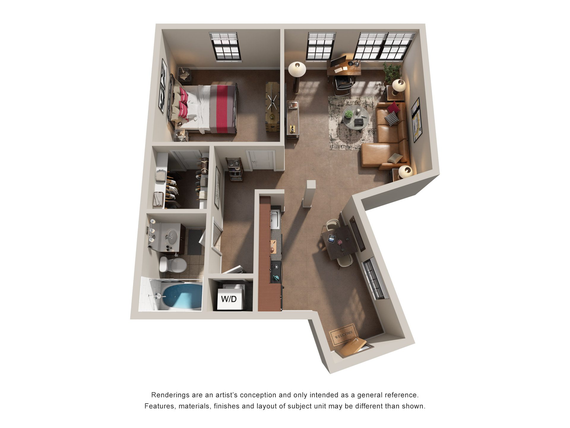 1 Bed 1 Bath Floor Plan | 690 Sq. Ft. at Mayton Transfer Lofts in Virginia 23803