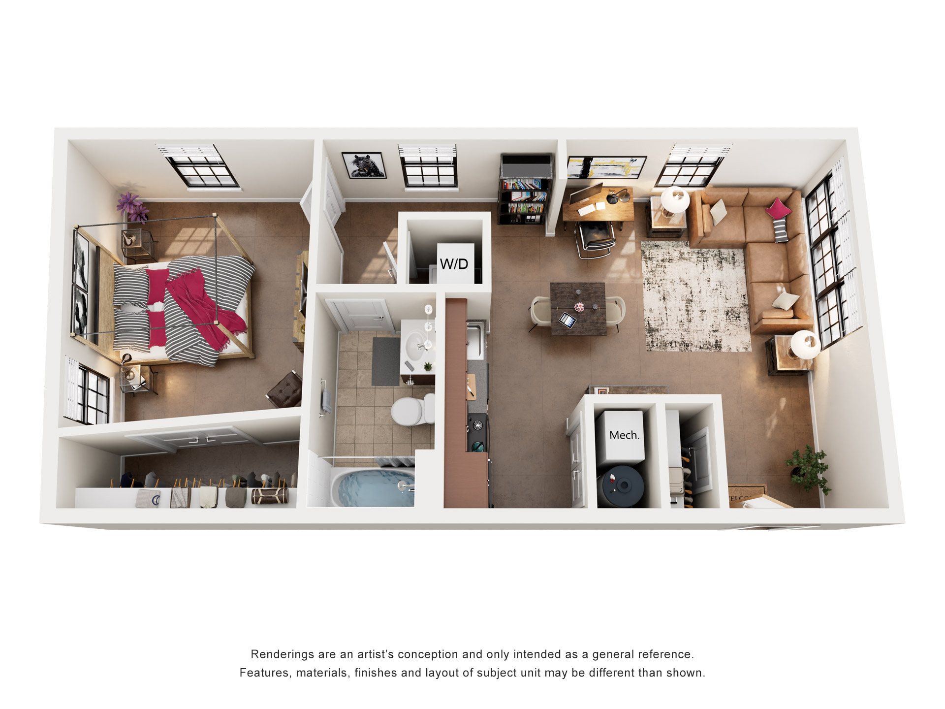 1 Bed 1 Bath Floor Plan | 651-689 Sq. Ft. at Mayton Transfer Lofts in VA 23803