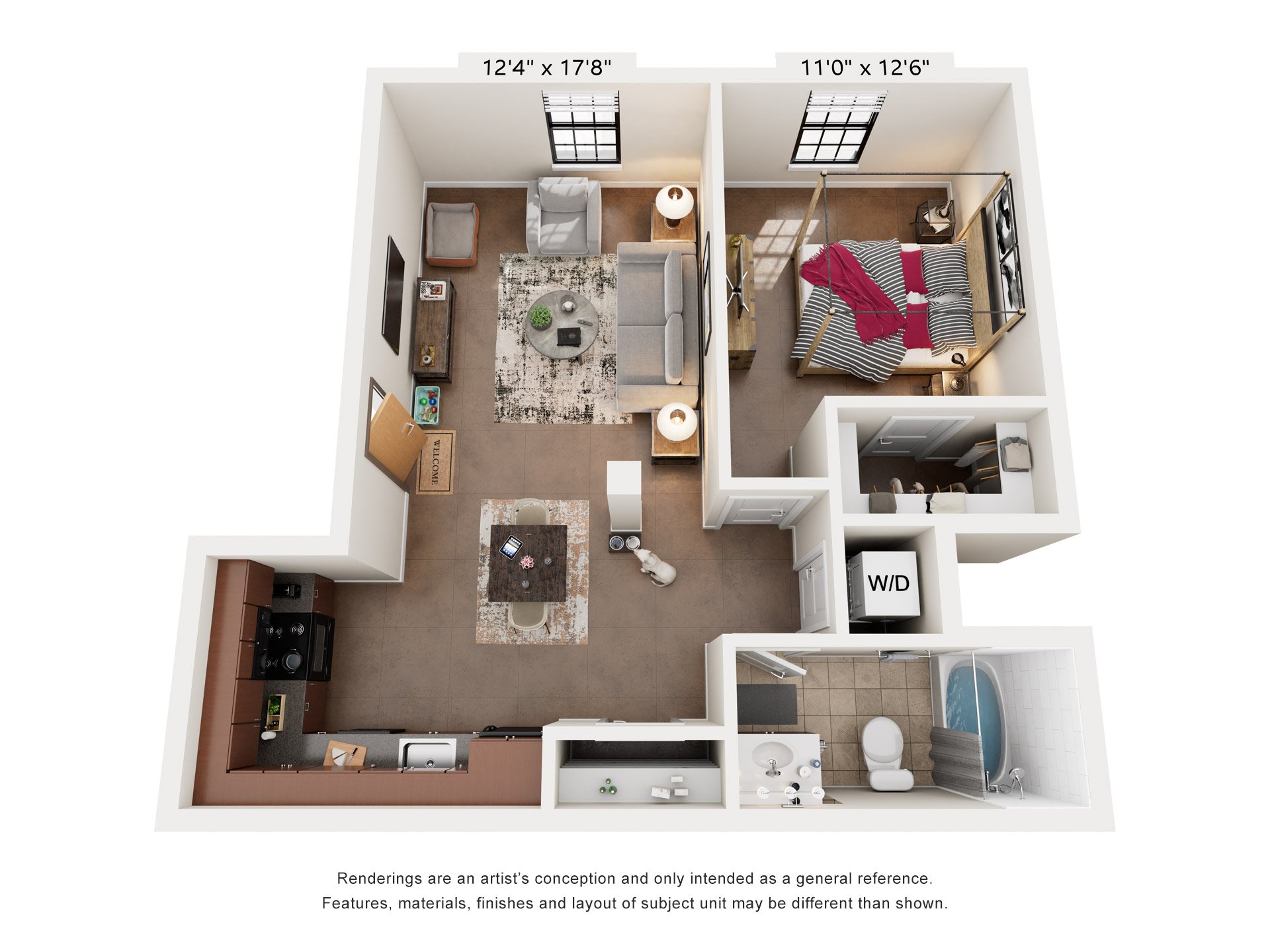 1 Bed 1 Bath Floor Plan | 654 Sq. Ft. at Mayton Transfer Lofts in Petersburg, Virginia 