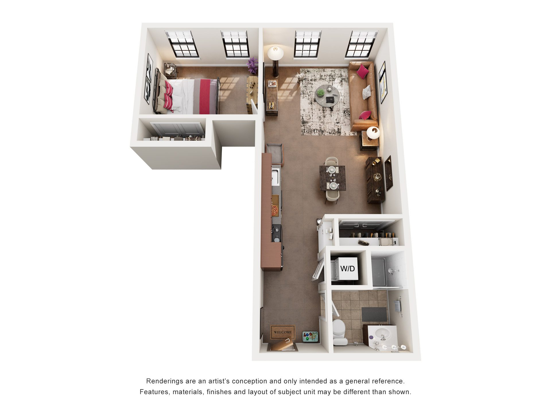 1 Bed 1 Bath Floor Plan | 620 Sq. Ft. at Mayton Transfer Lofts in Petersburg, Virginia 