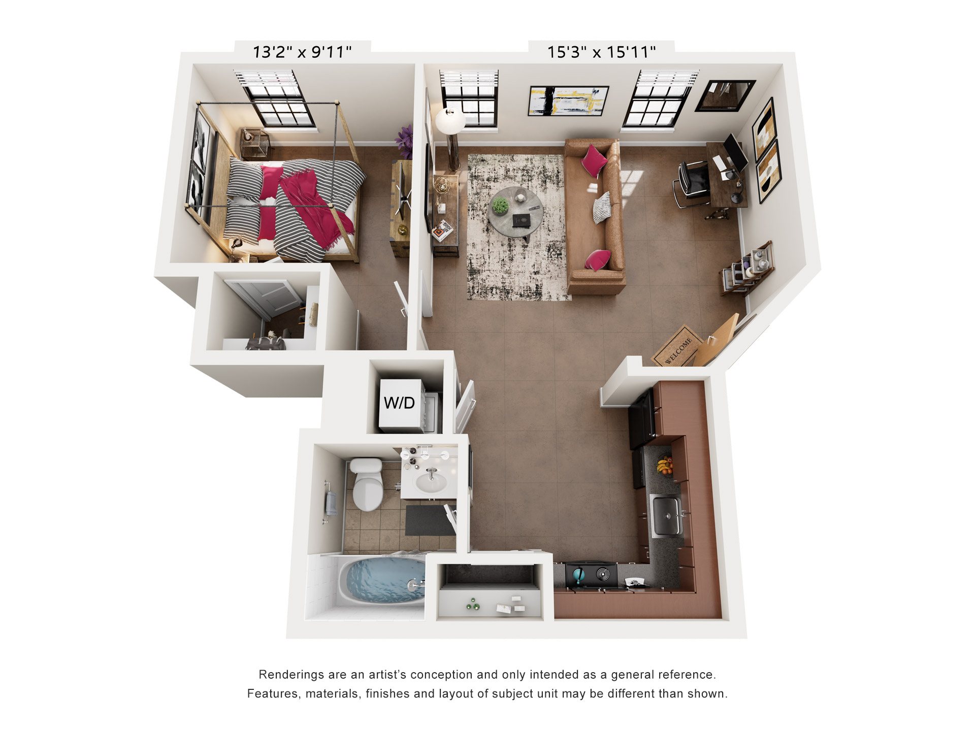 1 Bed 1 Bath Floor Plan | 602 Sq. Ft. at Mayton Transfer Lofts in Virginia 23803