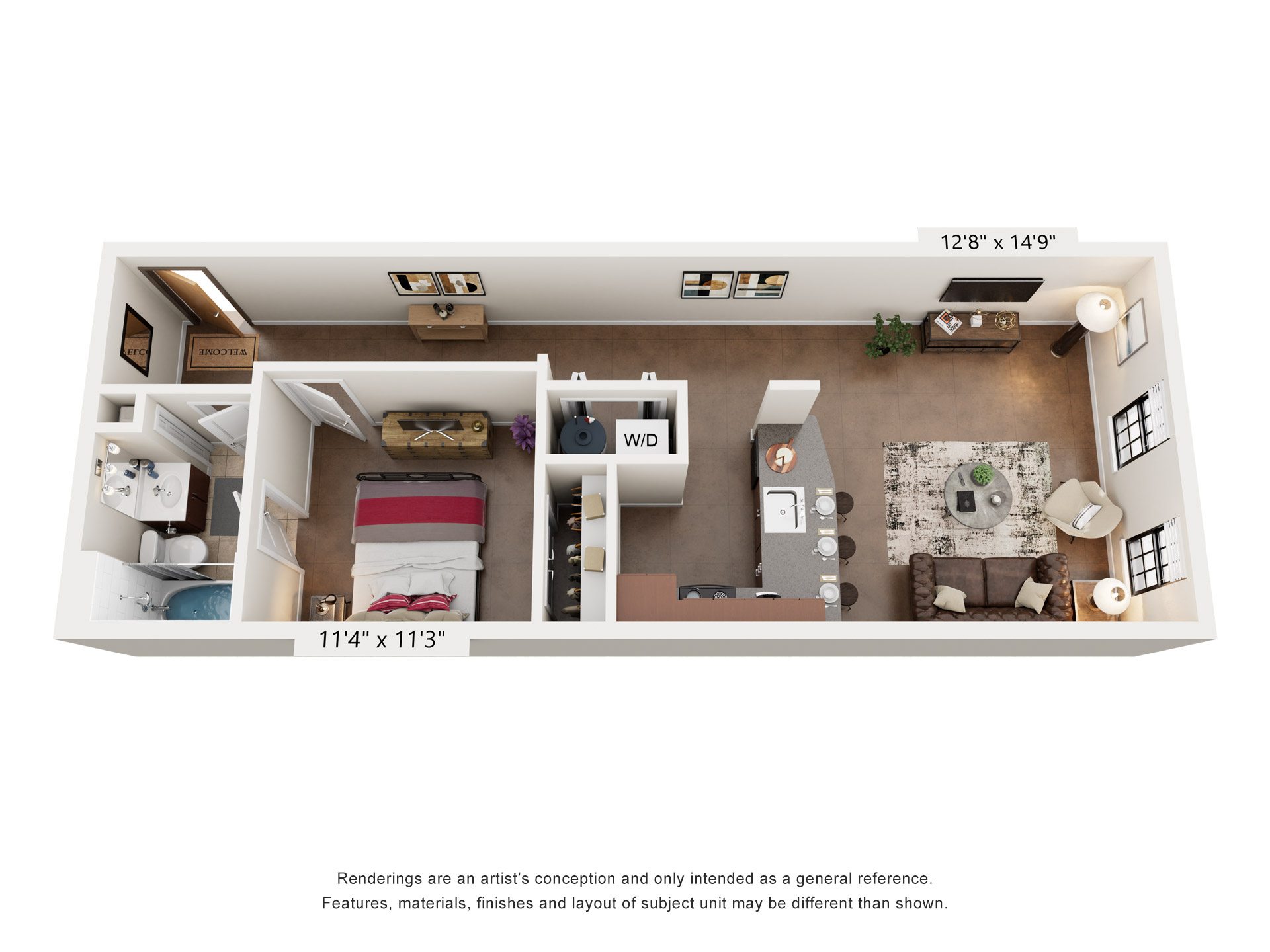 1 Bed1 Bath Floor Plan | 665 Sq. Ft. at Mayton Transfer Lofts in Virginia 23803