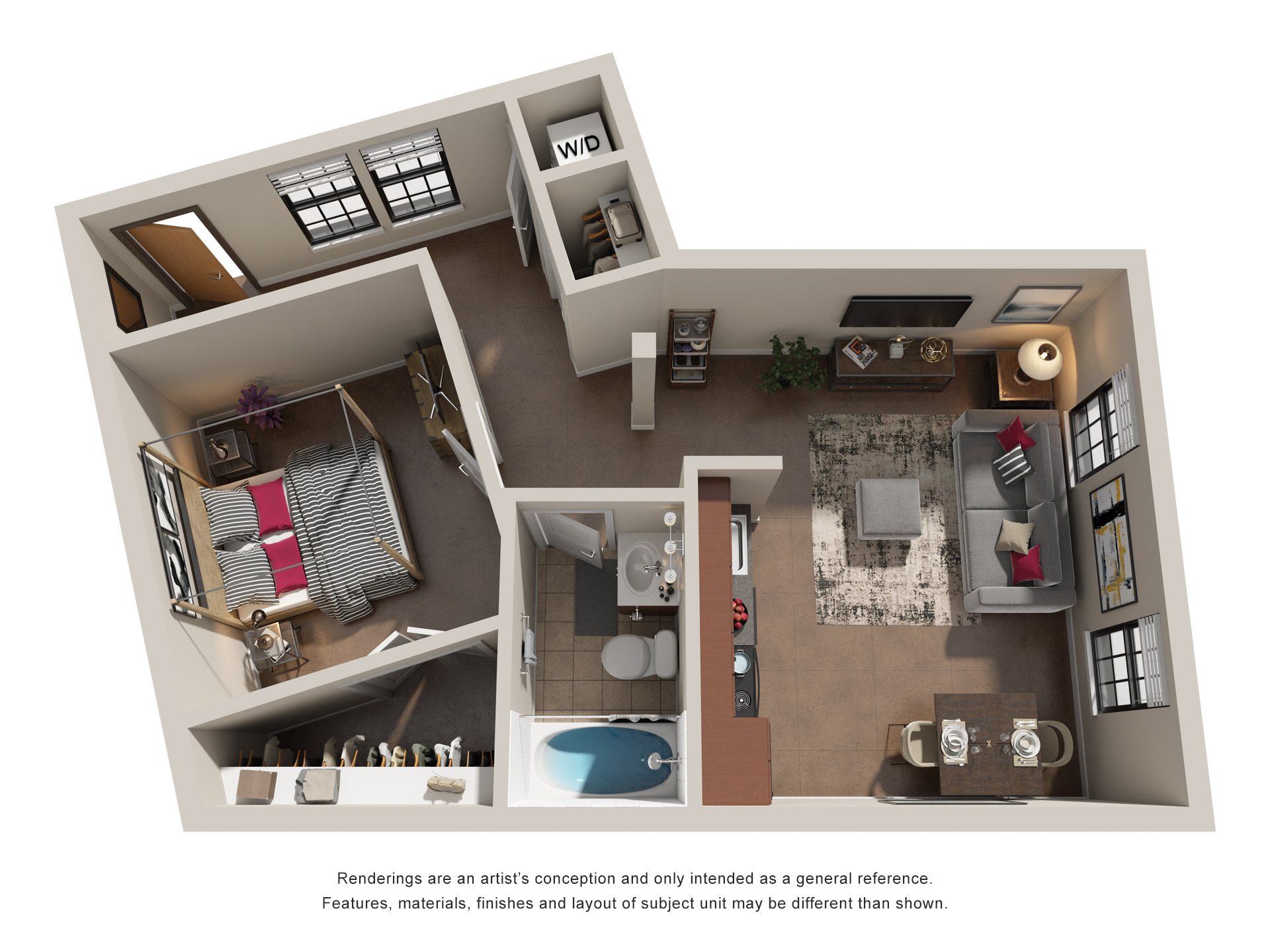 1 Bed 1 Bath Floor Plan | 667 Sq. Ft. at Mayton Transfer Lofts in Petersburg, Virginia 