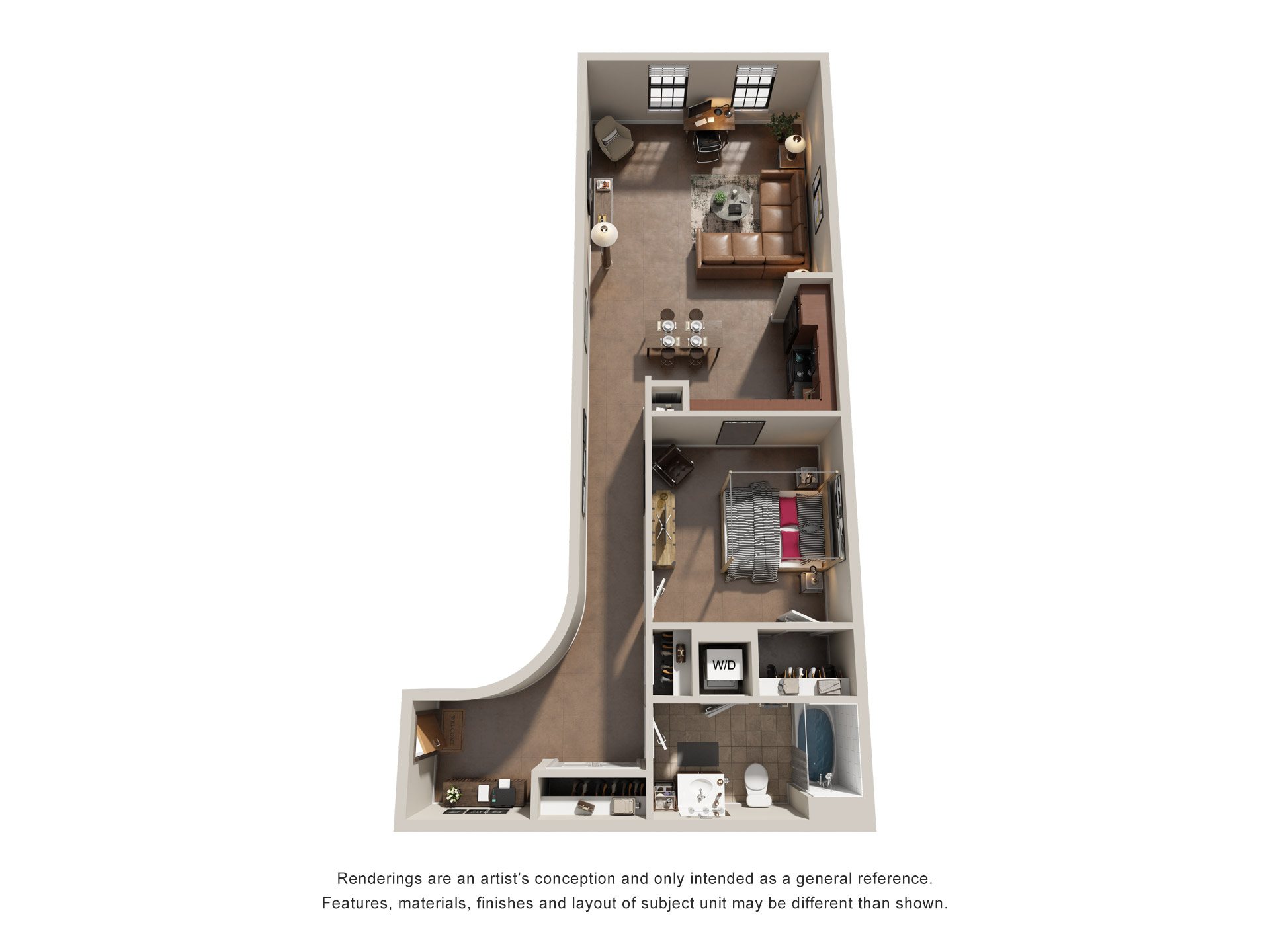 1 Bed 1 Bath Floor Plan | 857 Sq. Ft. at Mayton Transfer Lofts in Virginia 23803