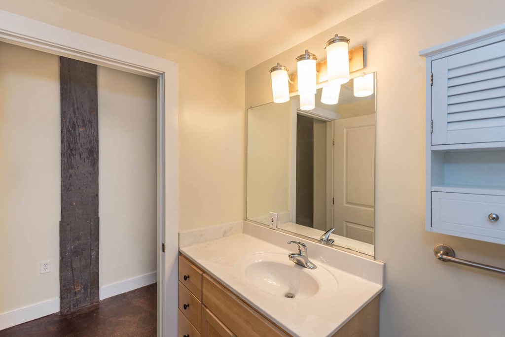 a bathroom with a sink and a mirror at Mayton Transfer Lofts, Petersburg