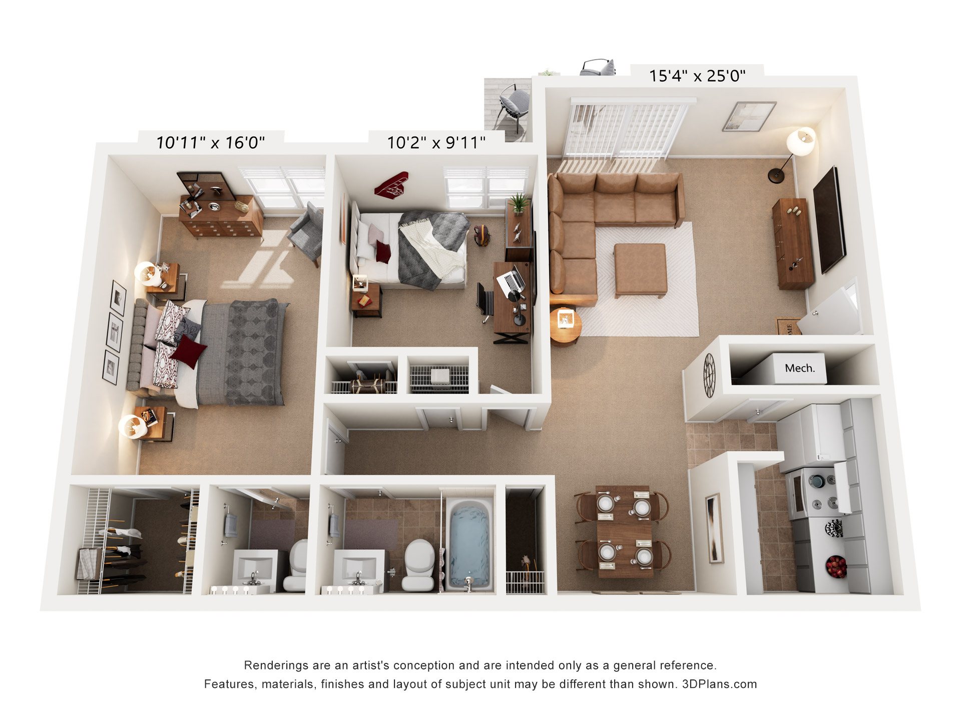 A 3D floor plan of a small apartment with a kitchen, living room, and bathroom.