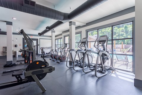 A gym with a row of treadmills and elliptical machines.