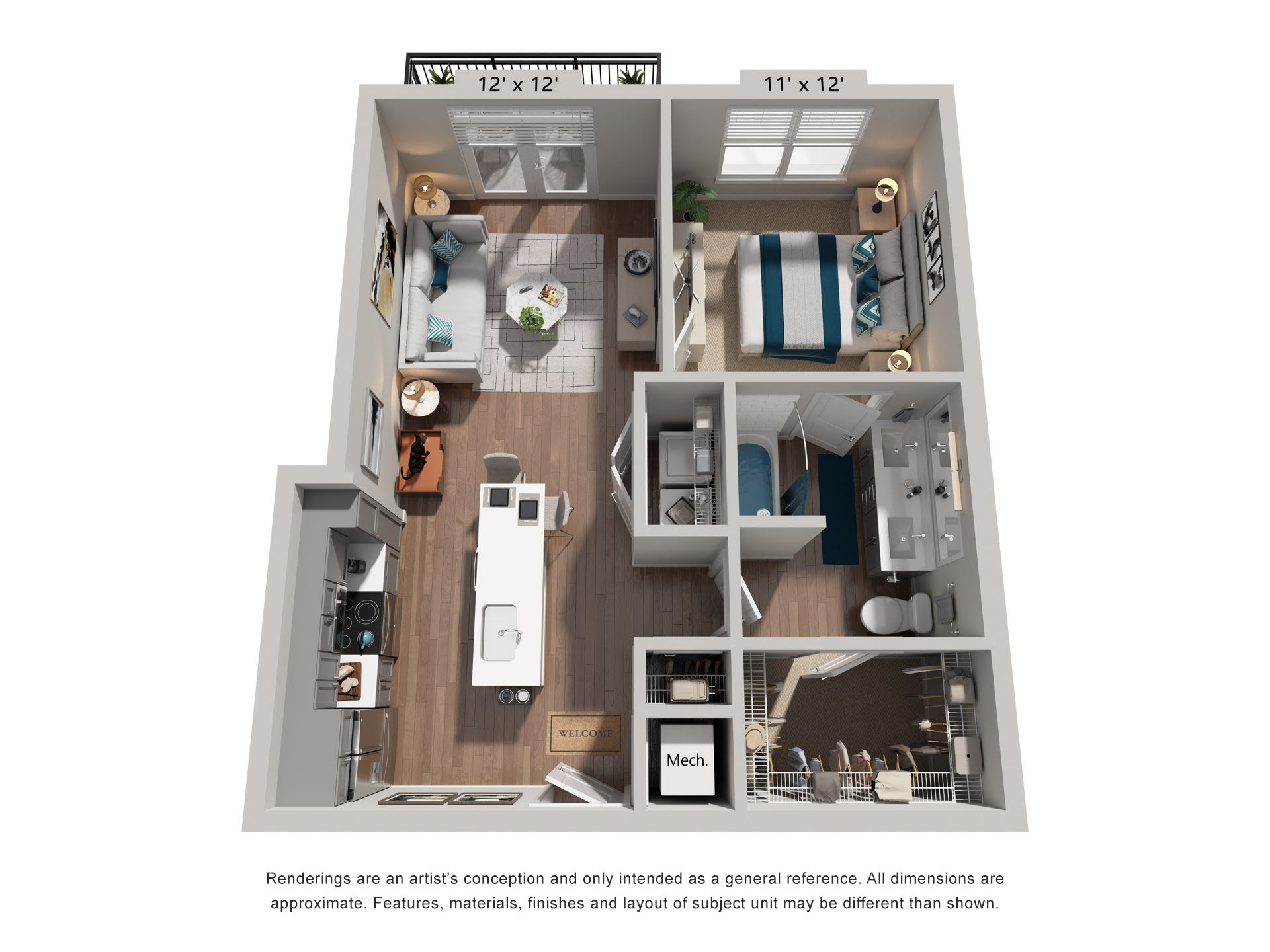 1 Bed 1 Bath Floor Plan | 685 Sq. Ft. at One Riverside Apartments, Chattanooga, Tennessee
