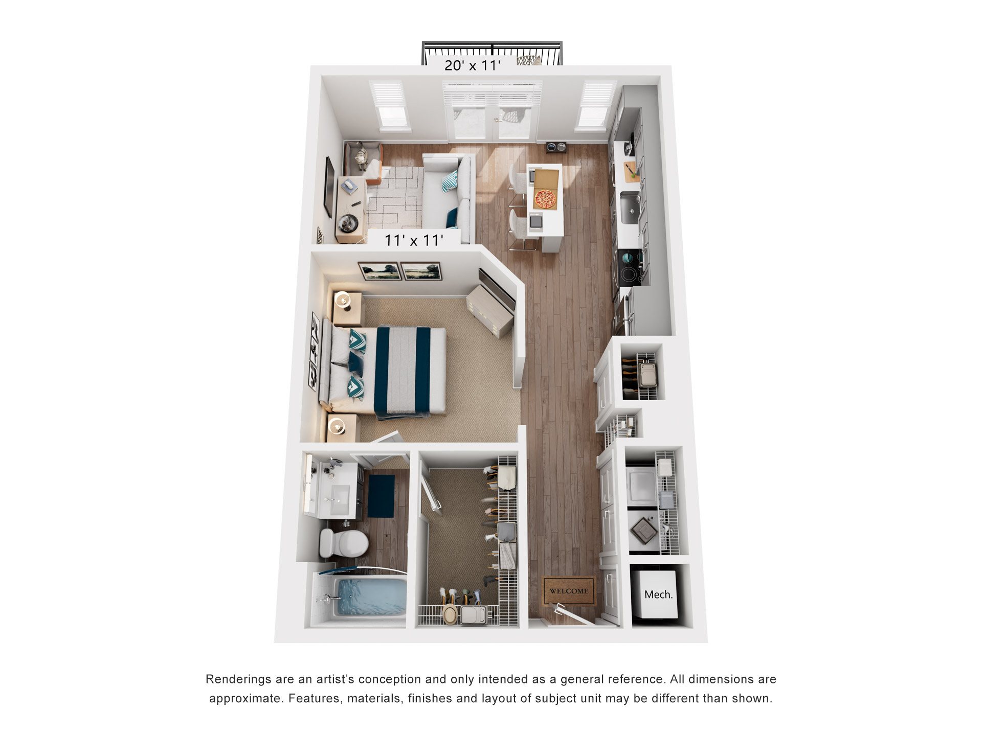Studio 1 Bath Floor Plan | 672 Sq. Ft. at One Riverside Apartments, Chattanooga, Tennessee, 37403