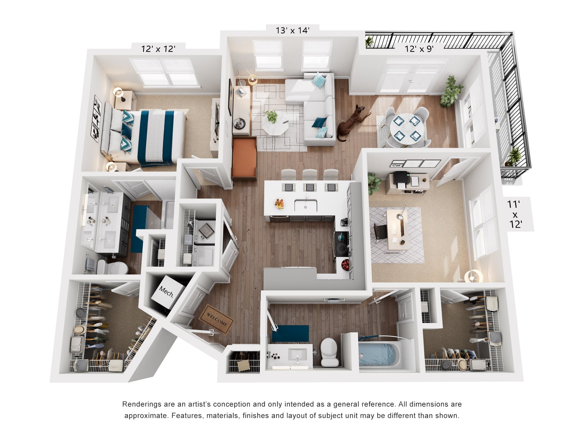2 Bed 2 Bath Floor Plan | 1,145 Sq. Ft. at One Riverside Apartments, Chattanooga, TN