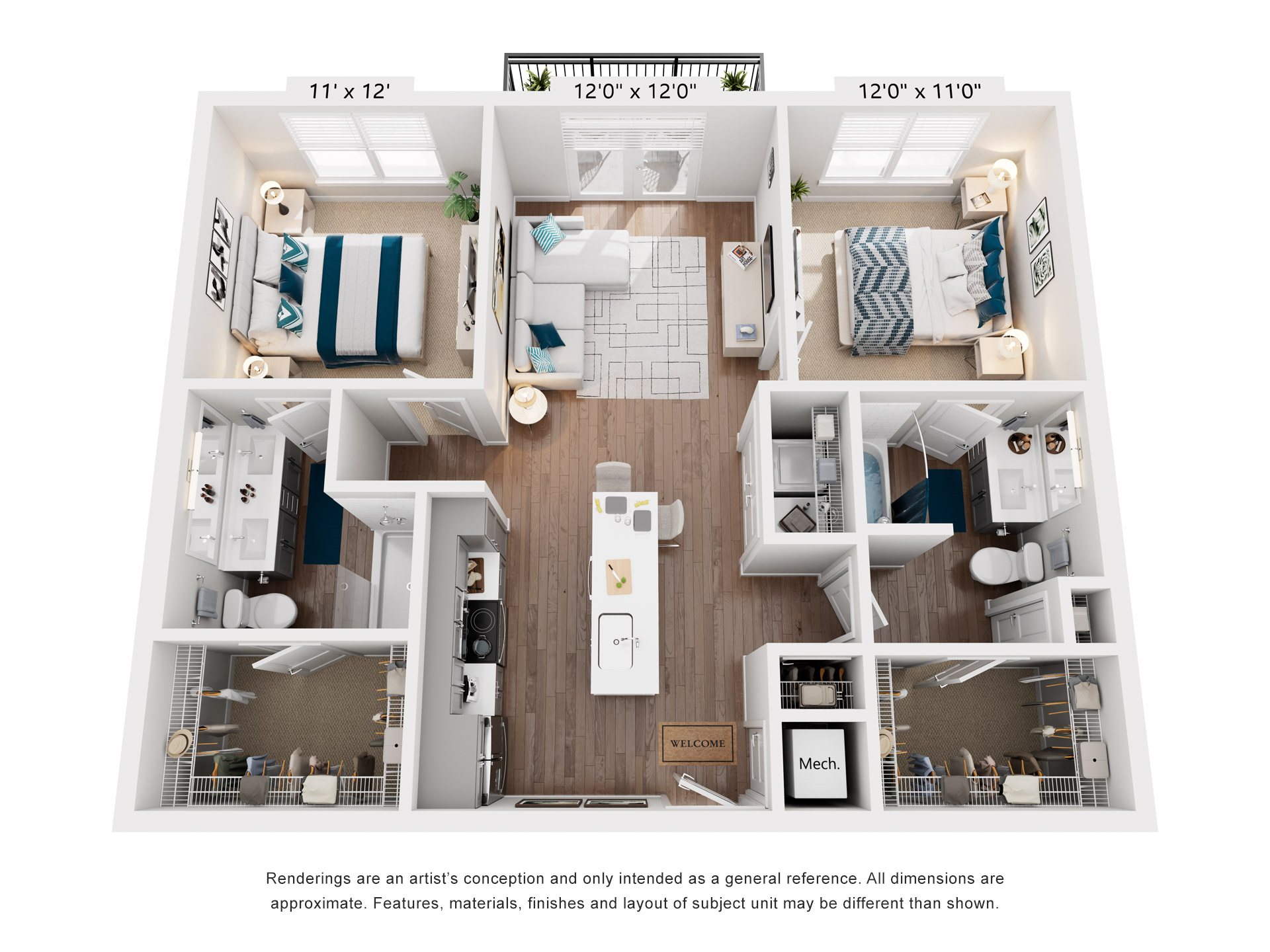 2 Bed 2 Bath Floor Plan | 980 Sq. Ft. at One Riverside Apartments, TN, 37403