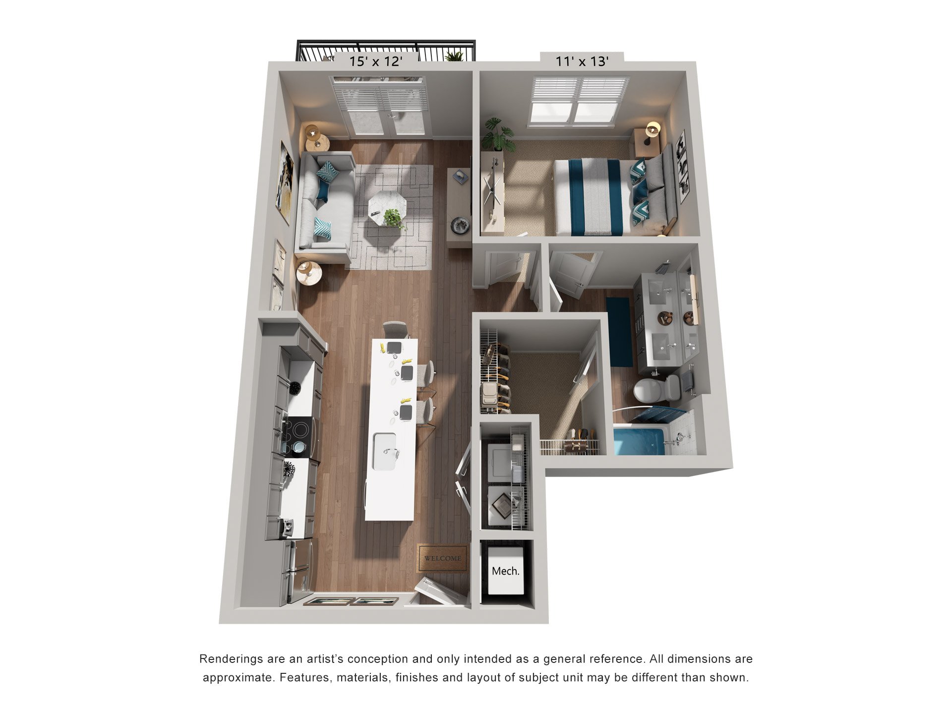 1 Bed 1 Bath Floor Plan | 755 Sq. Ft. at One Riverside Apartments, Chattanooga, Tennessee, 37403