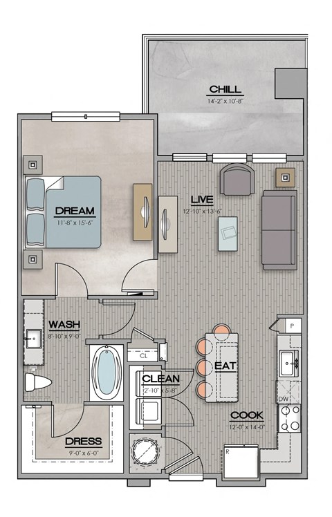 1 Bed 1 Bath Floor Plan | 780 Sq. Ft.at The Louis Apartment Flats, Louisville