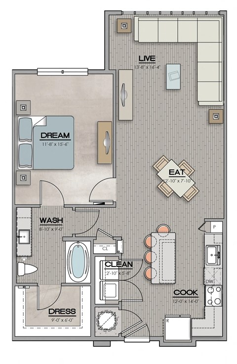1 Bed 1 Bath Floor Plan | 931 Sq. Ft. at The Louis Apartment Flats, Louisville, KY