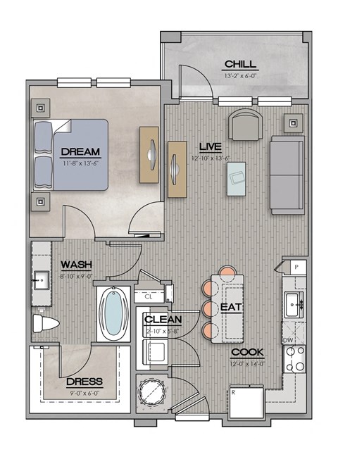1 Bed 1 Bath Floor Plan | 756 Sq. Ft. at The Louis Apartment Flats, Louisville, Kentucky