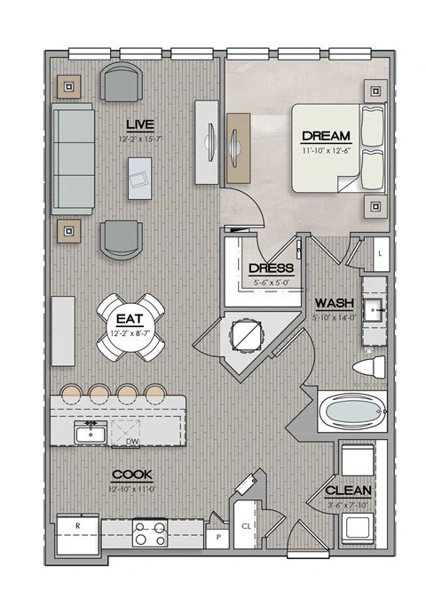 1 Bed 1 Bath Floor Plan | 913 Sq. Ft. at The Louis Apartment Flats, Louisville, KY, 40241