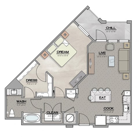 1 Bed 1 Bath Floor Plan | 833 Sq. Ft. at The Louis Apartment Flats, Kentucky, 40241
