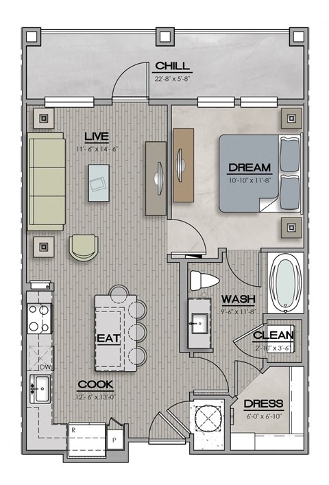 1 Bed 1 Bath Floor Plan | 680 Sq. Ft. at The Louis Apartment Flats, Louisville, KY