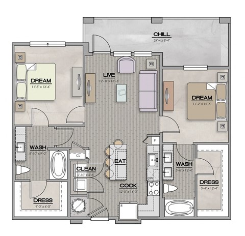 2 Bed 2 Bath Floor Plan | 1,057 Sq. Ft. at The Louis Apartment Flats, Kentucky