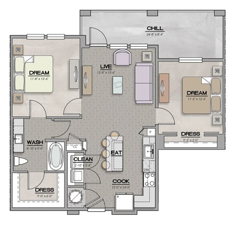 2 Bed 1 Bath Floor Plan | 935 Sq. Ft.at The Louis Apartment Flats, Louisville, 40241