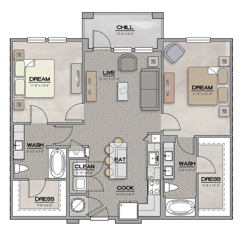 2 Bed 2 Bath Floor Plan | 1,105 Sq. Ft. at The Louis Apartment Flats, Kentucky, 40241