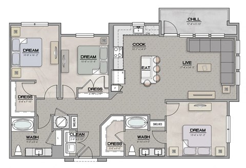 3 Bed 2 Bath Floor Plan | 1,449  Sq. Ft. at The Louis Apartment Flats, Louisville, Kentucky