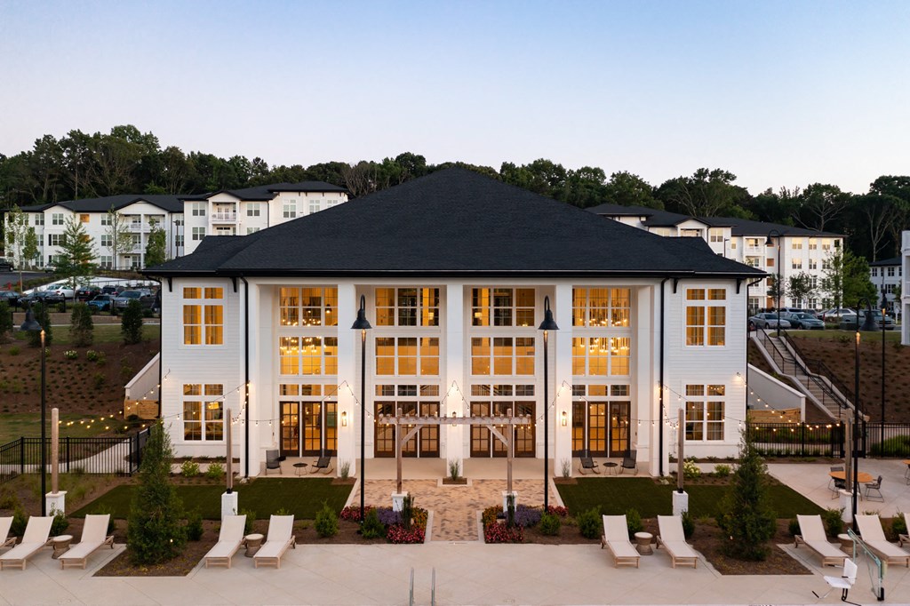 lit up clubhouse at The Quincy Apartments, Acworth, GA